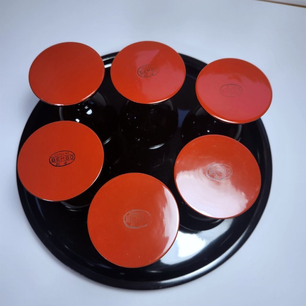 Vintage Okinawa Bembo Lacquerware Sake Set – 6 Cups + Tray – Japanese Decor - Picture 8 of 12